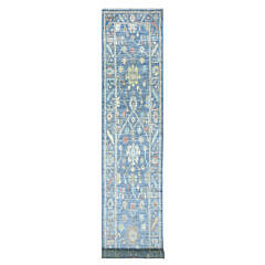 Denim Blue Angora Oushak Hand Knotted Blue Wool Oriental Carpet Runner