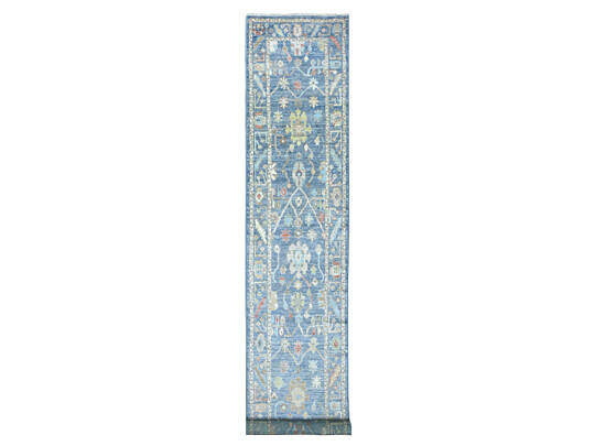 Denim Blue Angora Oushak Hand Knotted Blue Wool Oriental Carpet Runner