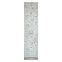 Oyster White Angora Oushak Hand Knotted Wool Oriental Carpet Runner