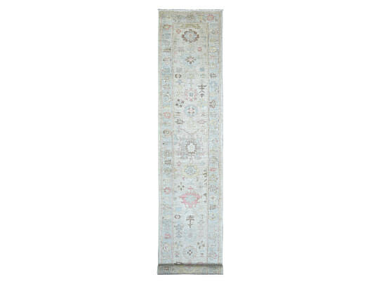 Oyster White Angora Oushak Hand Knotted Wool Oriental Carpet Runner