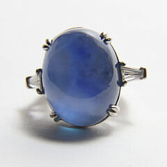 Platinum Oval 40.36ct Double Cabochon Natural Blue Star Sapphire and Diamond Ring