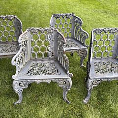 Set of Four English Cast Iron “Capron” Garden Arm Chairs, 19th Century