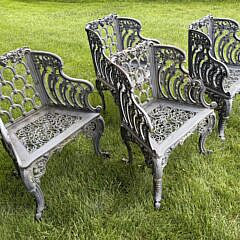 Set of Four English Cast Iron “Capron” Garden Arm Chairs, 19th Century