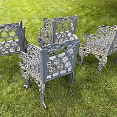 Set of Four English Cast Iron “Capron” Garden Arm Chairs, 19th Century