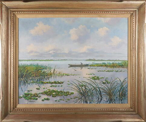 J. Vermeulen Oil on Canvas "Pleasant Day Fishing On The Marsh"