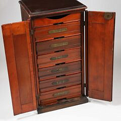 Vintage Mahogany Seven Drawer Collector’s Cabinet with Brass Alphabet Labeled Drawers