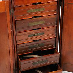 Vintage Mahogany Seven Drawer Collector’s Cabinet with Brass Alphabet Labeled Drawers