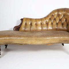 English Carved Mahogany and Leather Upholstered Recamier, Mid 19th Century