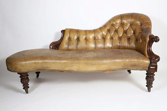 English Carved Mahogany and Leather Upholstered Recamier, Mid 19th Century