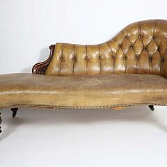 English Carved Mahogany and Leather Upholstered Recamier, Mid 19th Century
