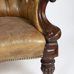 English Carved Mahogany and Leather Upholstered Recamier, Mid 19th Century