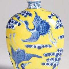 Chinese Yellow Ground & Underglaze Blue Porcelain "Cranes" Snuff Bottle, 20th Century