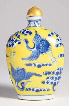 Chinese Yellow Ground & Underglaze Blue Porcelain "Cranes" Snuff Bottle, 20th Century