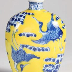 Chinese Yellow Ground & Underglaze Blue Porcelain “Cranes” Snuff Bottle, 20th Century