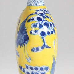 Chinese Yellow Ground & Underglaze Blue Porcelain “Cranes” Snuff Bottle, 20th Century