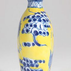 Chinese Yellow Ground & Underglaze Blue Porcelain “Cranes” Snuff Bottle, 20th Century