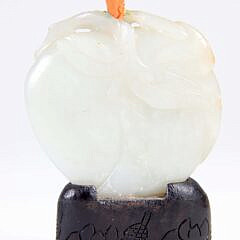 Chinese Carved Celadon Jade “Peach” Snuff Bottle, Qing Dynasty