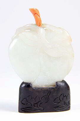 Chinese Carved Celadon Jade "Peach" Snuff Bottle, Qing Dynasty