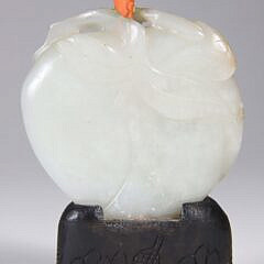 Chinese Carved Celadon Jade “Peach” Snuff Bottle, Qing Dynasty