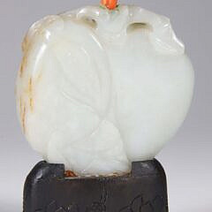 Chinese Carved Celadon Jade “Peach” Snuff Bottle, Qing Dynasty