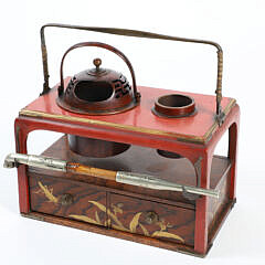 Japanese Gilt Takamaki-E and Red Lacquer Metal Smoke Stand, circa 1930