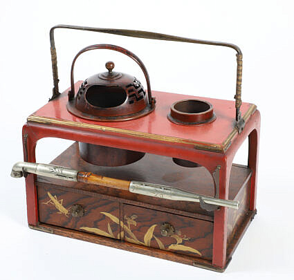 Japanese Gilt Takamaki-E and Red Lacquer Metal Smoke Stand, circa 1930