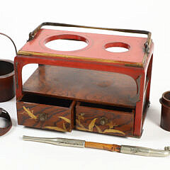 Japanese Gilt Takamaki-E and Red Lacquer Metal Smoke Stand, circa 1930