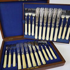 Antique Box of Twelve Jules Golding & Co. London Engraved Silver Plated Fish Service,