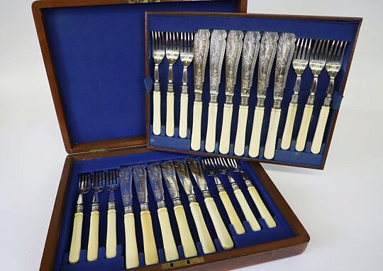 Antique Box of Twelve Jules Golding & Co. London Engraved Silver Plated Fish Service,