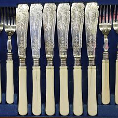 Antique Box of Twelve Jules Golding & Co. London Engraved Silver Plated Fish Service
