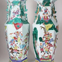 Pair of Antique Chinese Famille Verte Porcelain Hexagonal Paneled Vases