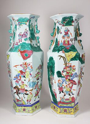 Pair of Antique Chinese Famille Verte Porcelain Hexagonal Paneled Vases
