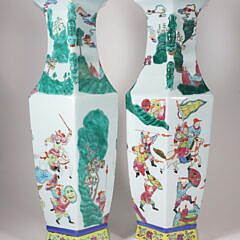 Pair of Antique Chinese Famille Verte Porcelain Hexagonal Paneled Vases