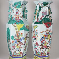 Pair of Antique Chinese Famille Verte Porcelain Hexagonal Paneled Vases