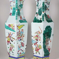 Pair of Antique Chinese Famille Verte Porcelain Hexagonal Paneled Vases