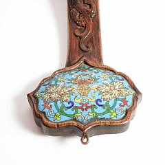Antique Chinese Qing Dynasty Carved Hard Wood Ruyi Scepter with 3 Cloisonne Plaques