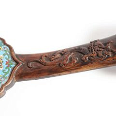 Antique Chinese Qing Dynasty Carved Hard Wood Ruyi Scepter with 3 Cloisonne Plaques