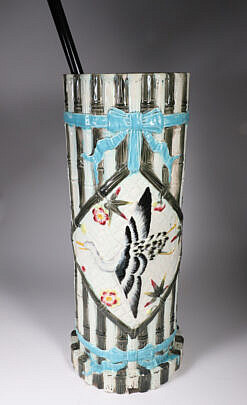 Majolica Bamboo, Crane and Blue Bow Decorated Umbrella Stand, 19th Century.