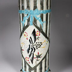 Majolica Bamboo, Crane, and Blue Bow Decorated Umbrella Stand, 19th Century