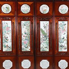 Fine Chinese Carved Teak Wood and Famille Rose Porcelain 4-Panel Room Divider
