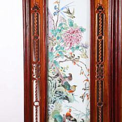 Fine Chinese Carved Teak Wood and Famille Rose Porcelain 4-Panel Room Divider