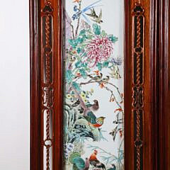 Fine Chinese Carved Teak Wood and Famille Rose Porcelain 4-Panel Room Divider