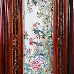 Fine Chinese Carved Teak Wood and Famille Rose Porcelain 4-Panel Room Divider