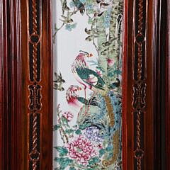 Fine Chinese Carved Teak Wood and Famille Rose Porcelain 4-Panel Room Divider