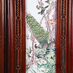 Fine Chinese Carved Teak Wood and Famille Rose Porcelain 4-Panel Room Divider