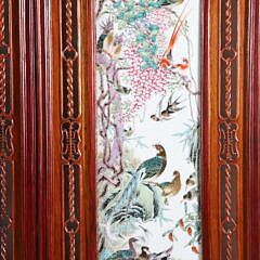 Fine Chinese Carved Teak Wood and Famille Rose Porcelain 4-Panel Room Divider