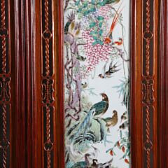 Fine Chinese Carved Teak Wood and Famille Rose Porcelain 4-Panel Room Divider