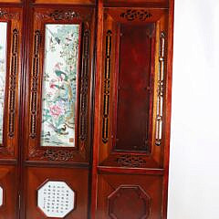 Fine Chinese Carved Teak Wood and Famille Rose Porcelain 4-Panel Room Divider