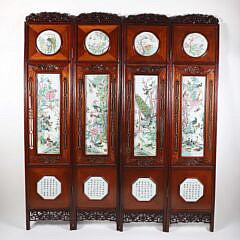 Fine Chinese Carved Teak Wood and Famille Rose Porcelain 4-Panel Room Divider