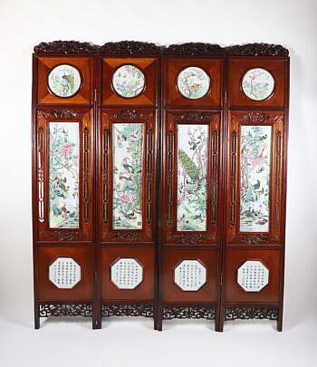 Fine Chinese Carved Teak Wood and Famille Rose Porcelain 4-Panel Room Divider